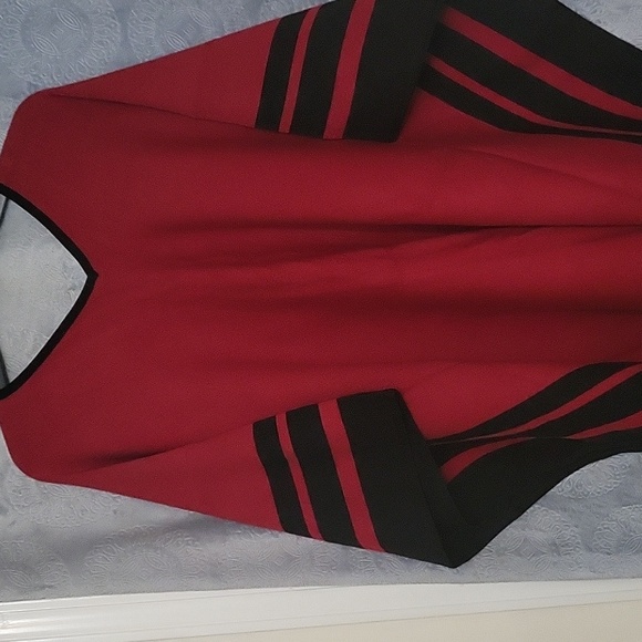 Chico's Stripe Border Ruana Covering Red Allure Pauncho - Picture 6 of 11